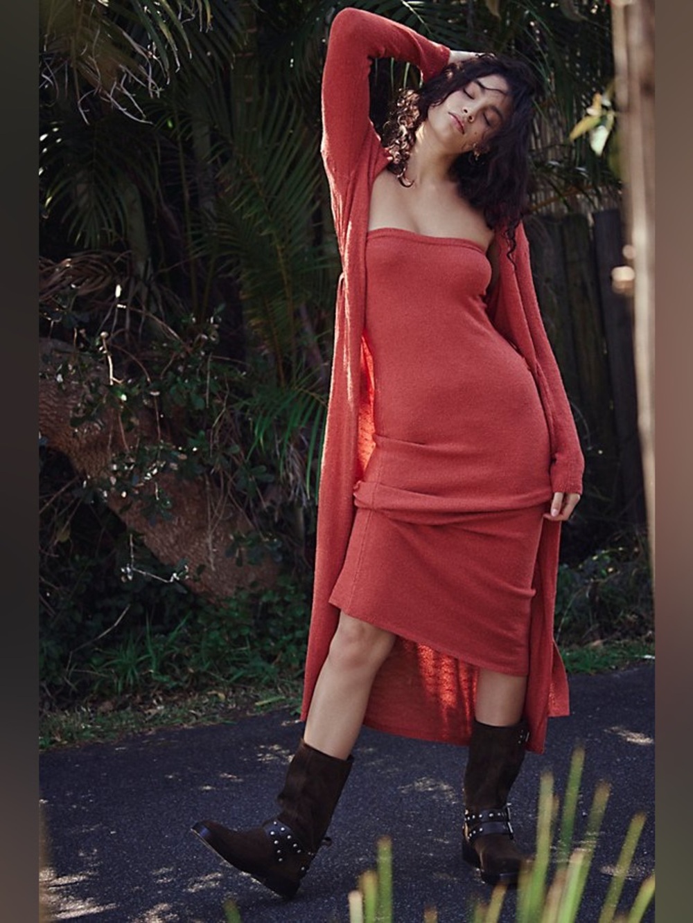 Free People Lottie Solid Sweater Dress Set NWT Dark Ginger Red XS MSRP $128